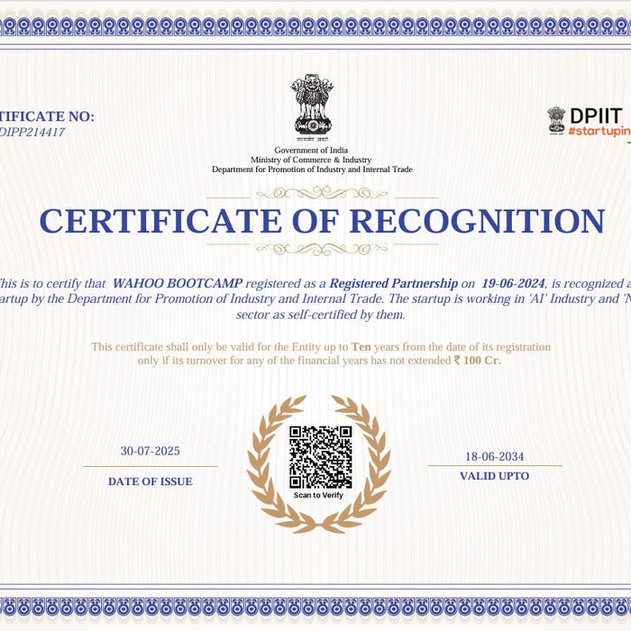 🎉 WAHOO BOOTCAMP Is Now a DPIIT-Recognized Startup – Approved in Just 24 Hours