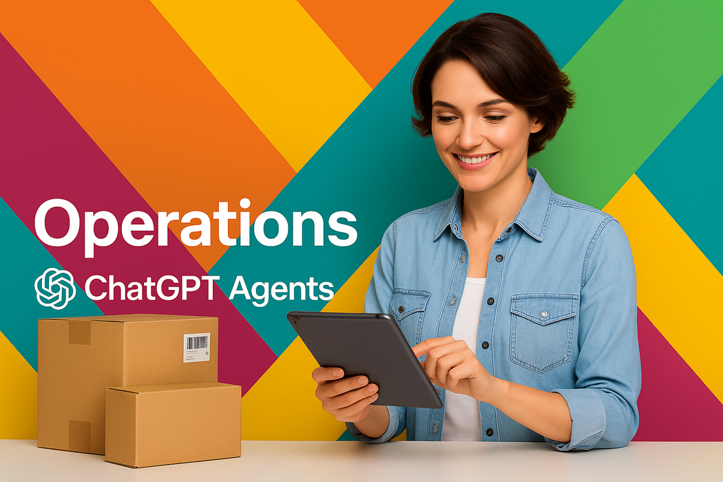 Woman using a tablet with 'Operations ChatGPT Agents' text and logo on a colorful background