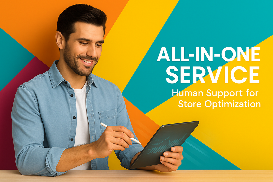 Man using a tablet with colorful geometric background and text about store optimization service