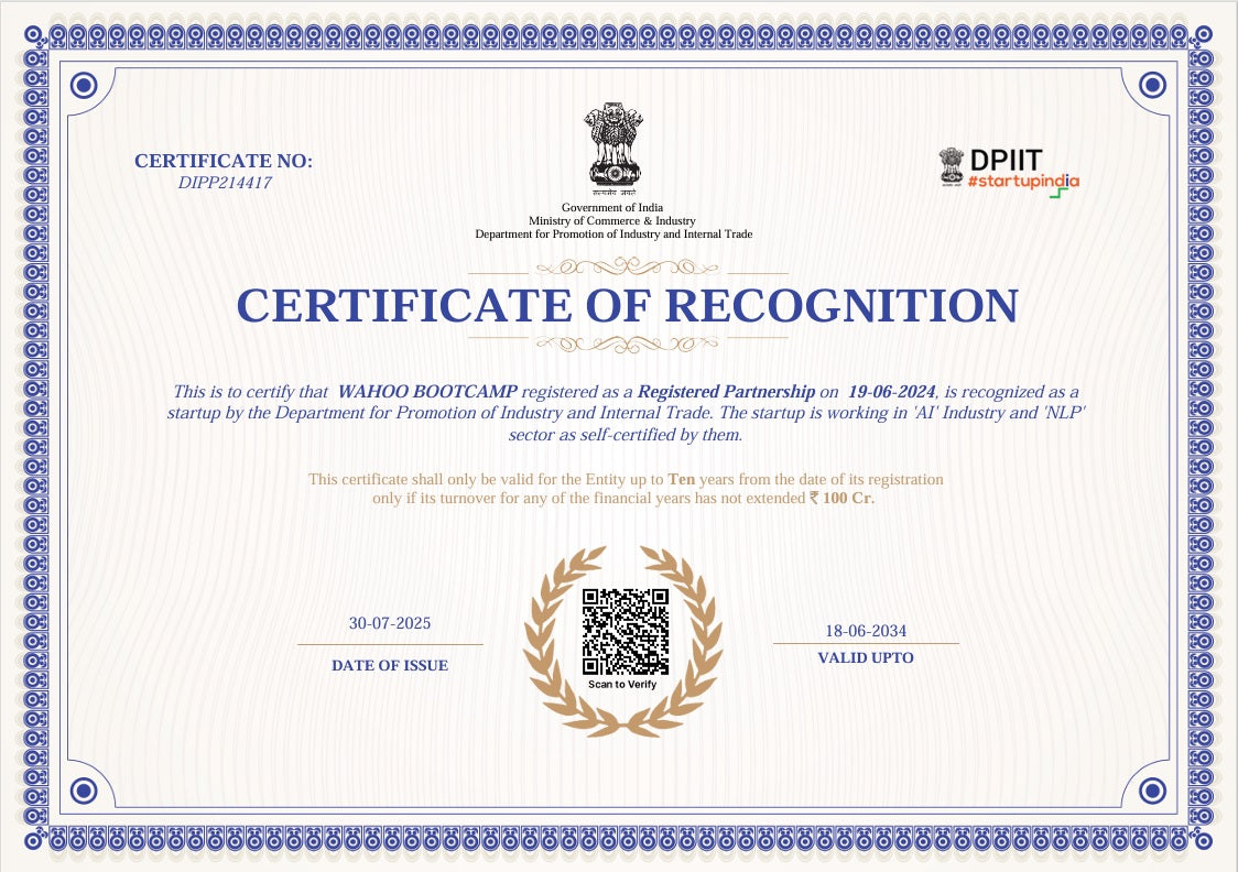 🎉 WAHOO BOOTCAMP Is Now a DPIIT-Recognized Startup – Approved in Just 24 Hours