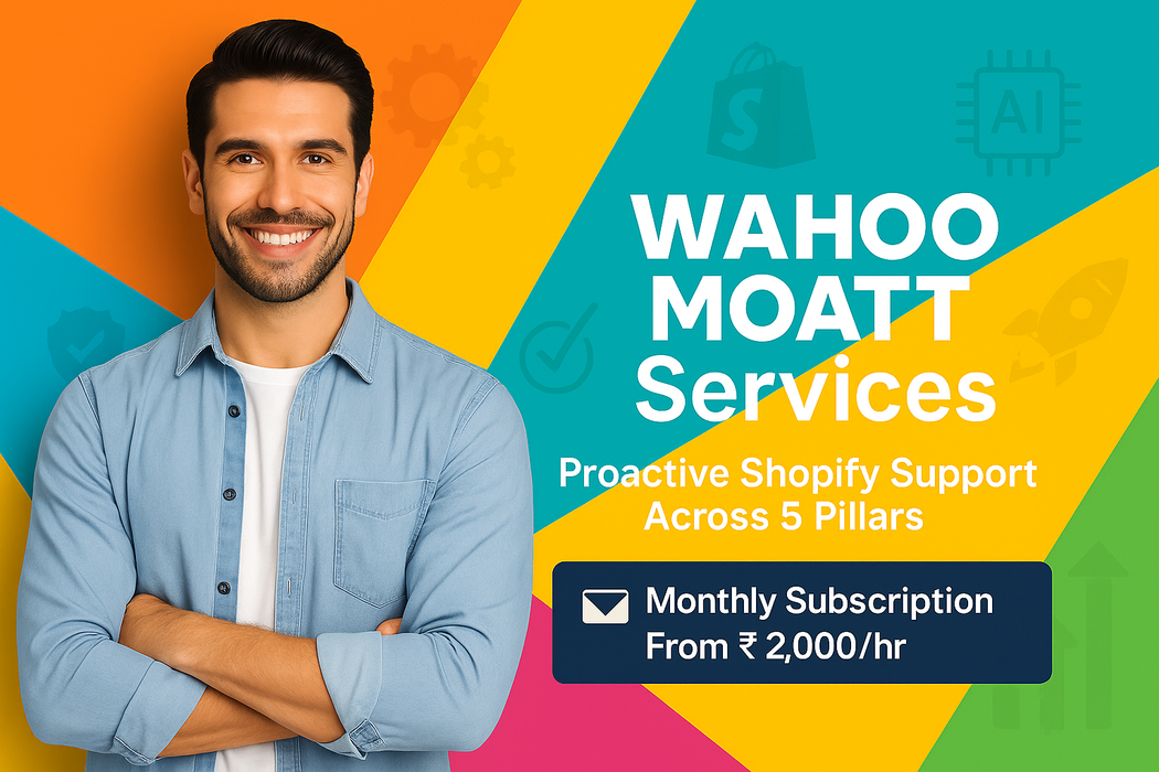 Man standing in front of a colorful background with 'WAHOO MOATT Services' text and subscription information.
