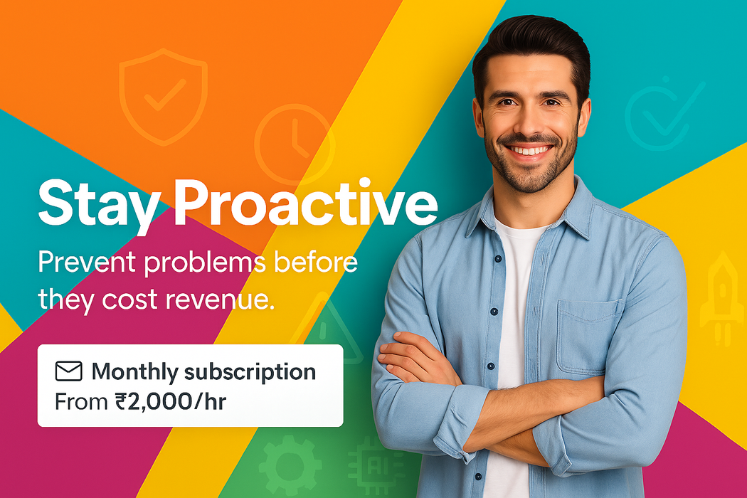 Man standing against a colorful background with text about staying proactive and preventing problems.