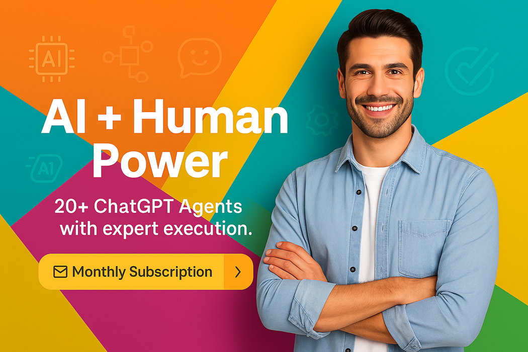 Man standing against a colorful background with text about AI and human power and ChatGPT agents.