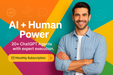 Man standing against a colorful background with text about AI and human power and ChatGPT agents.