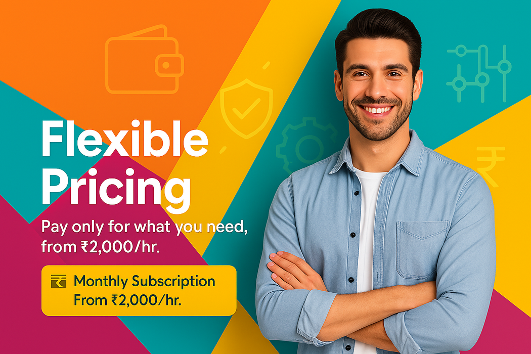 Man standing against a colorful background with text about flexible pricing and subscription options.