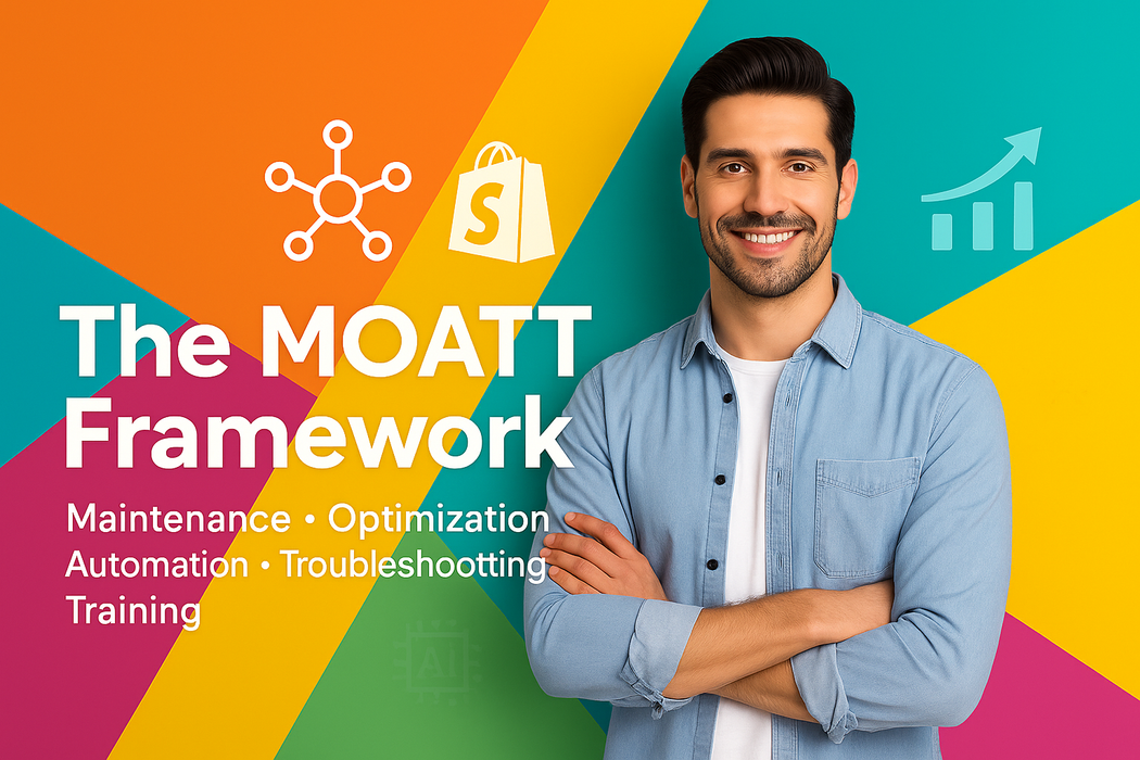 Man standing in front of a colorful background with 'The MOATT Framework' text and icons.
