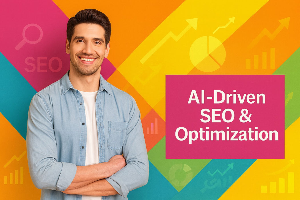 Male model in denim shirt with arms crossed on multi-color background with SEO icons, text reads “AI-Driven SEO & Optimization”.