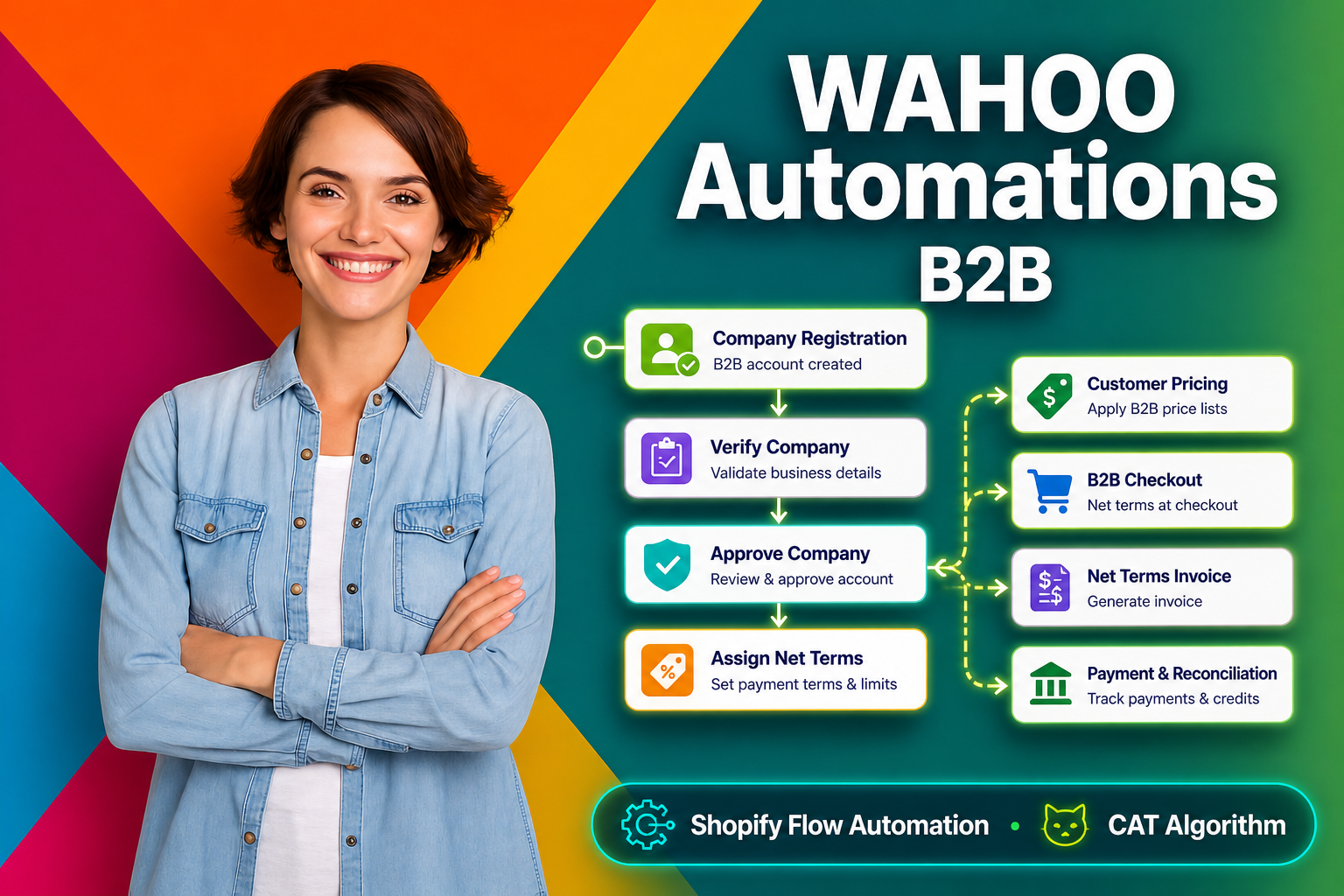 Woman standing in front of a colorful background with 'WAHOO Automations B2B' branding and automation process flow.