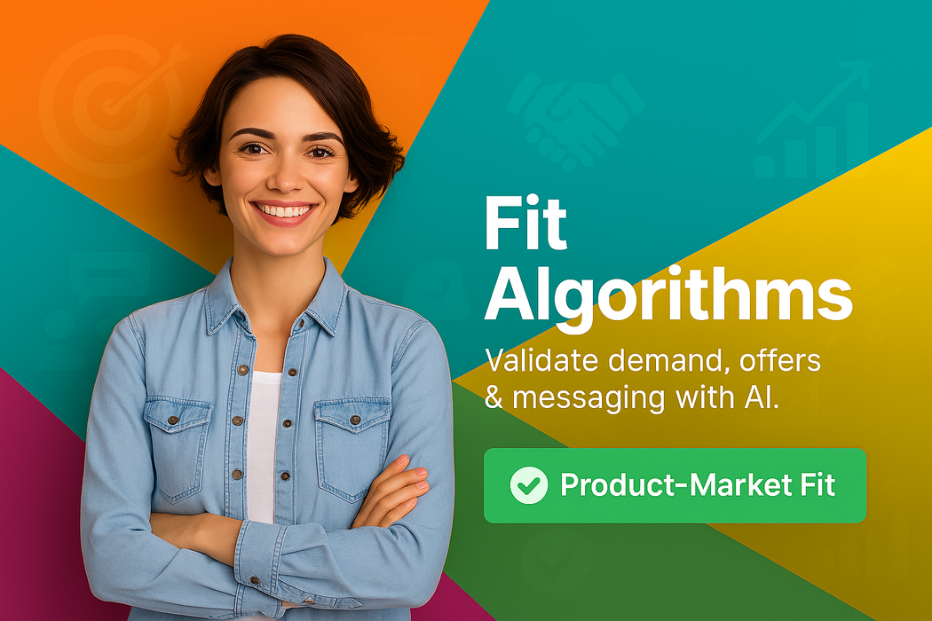 Woman standing against a colorful background with text about fit algorithms and product-market fit.