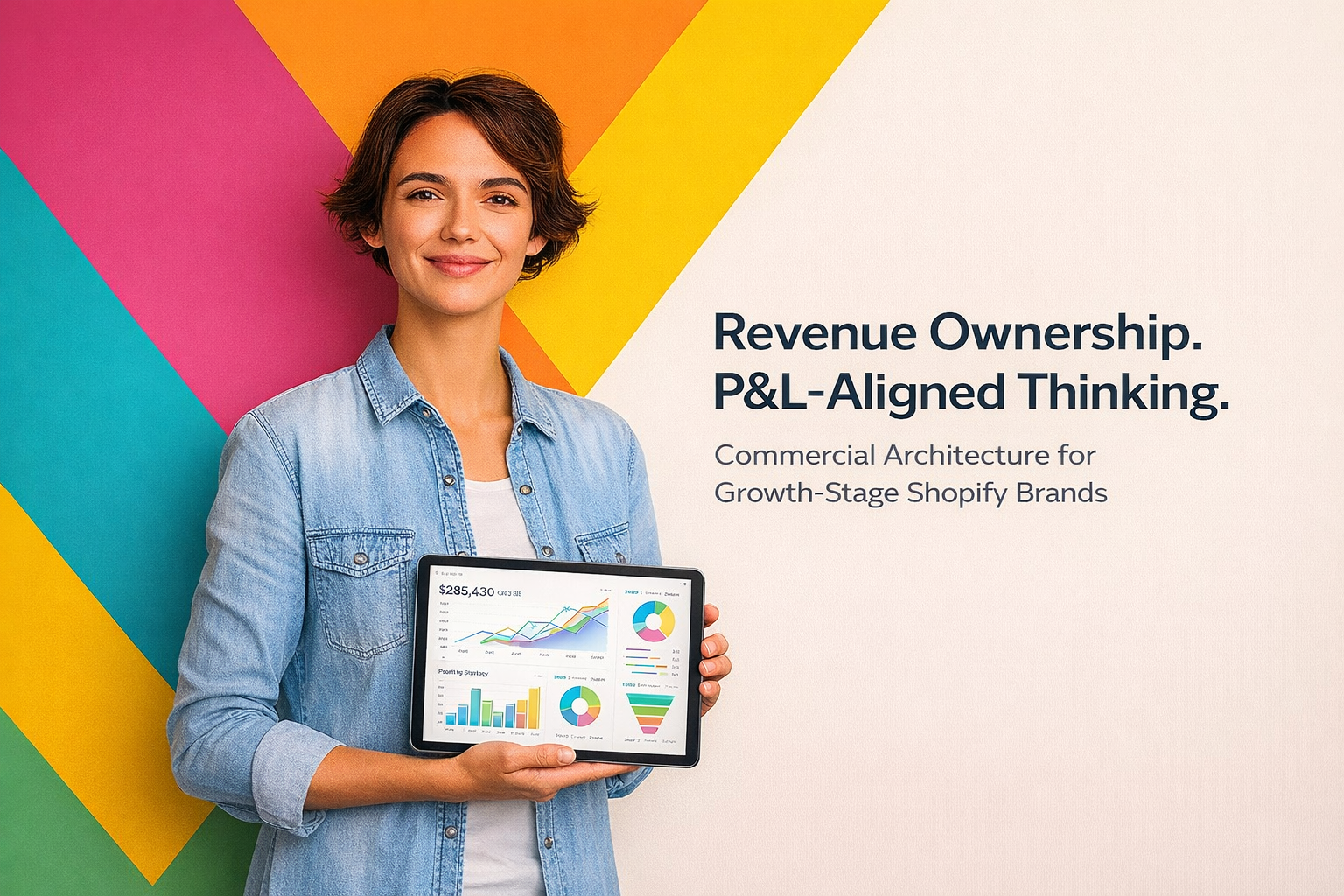 Person holding a tablet with colorful background and text about revenue ownership and P&L-aligned thinking.