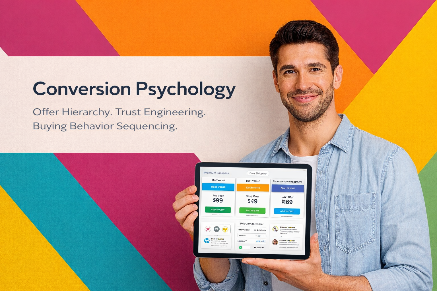Man holding a tablet with conversion psychology text and colorful background