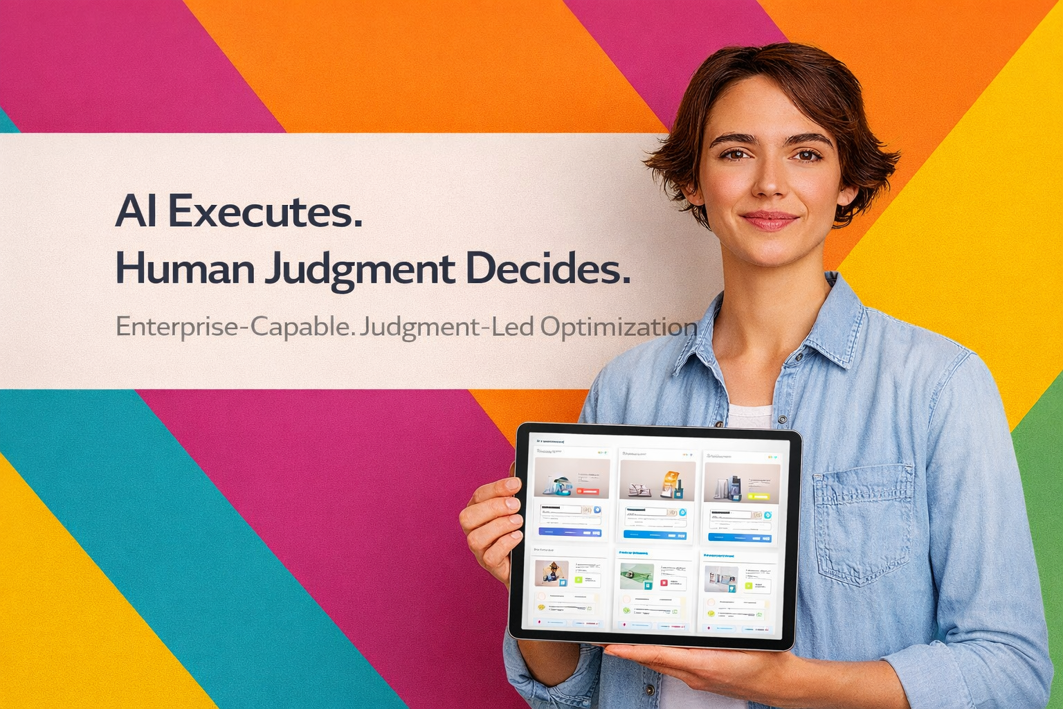 Woman holding a tablet with a colorful geometric background and text about AI and human judgment.