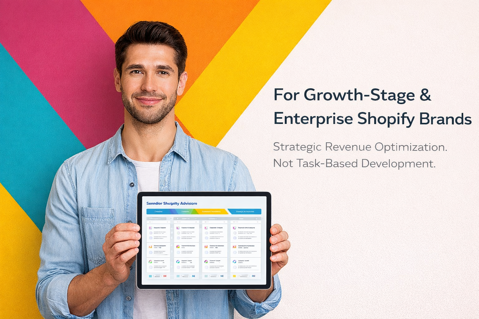 Man holding a tablet with a colorful background and text about Shopify optimization.
