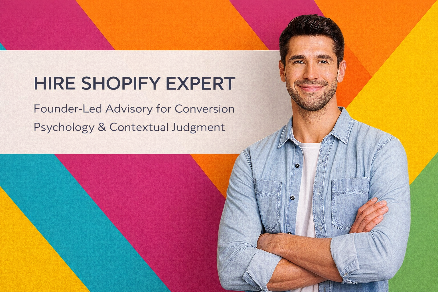 Man standing in front of a colorful geometric background with text about hiring a Shopify expert.