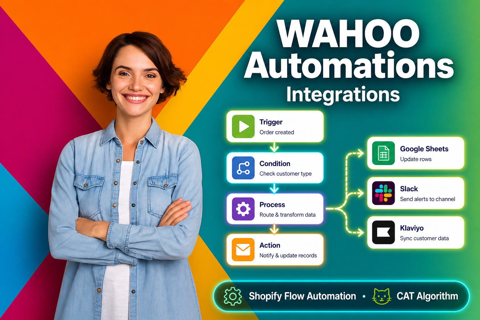 Woman standing in front of a colorful background with 'WAHOO Automations Integrations' text and flowchart.