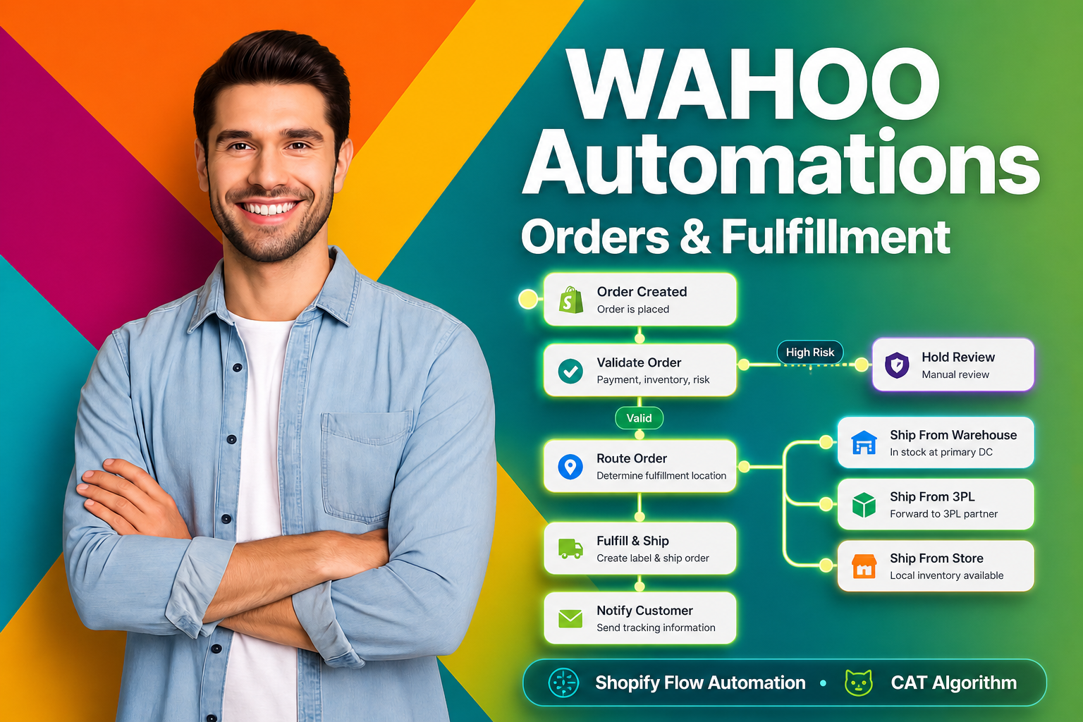 Man standing in front of a colorful background with 'WAHOO Automations Orders & Fulfillment' text and flowchart.