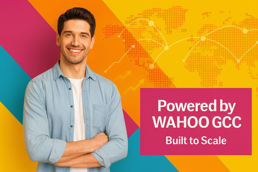 Male model in denim shirt on colorful background with world map and network lines, text reads “Powered by WAHOO GCC – Built to Scale”.