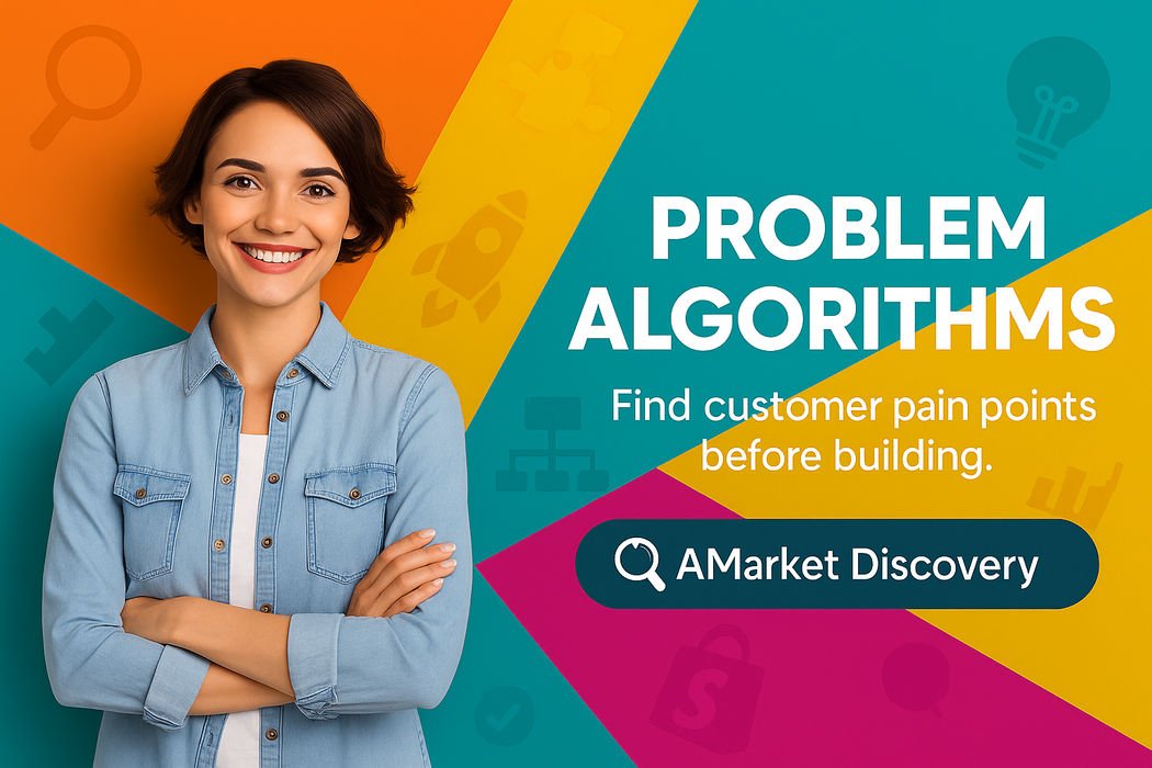 Woman in a denim shirt with colorful background and text about problem algorithms and AMarket Discovery.
