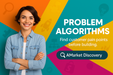 Woman in a denim shirt with colorful background and text about problem algorithms and AMarket Discovery.