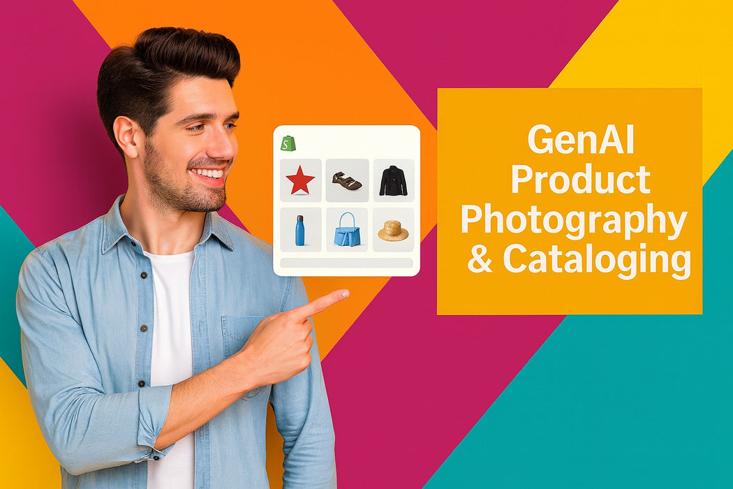 Male model in denim shirt pointing at floating Shopify product catalog mockup, text reads “GenAI Product Photography & Cataloging” on colorful background.