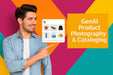 Male model in denim shirt pointing at floating Shopify product catalog mockup, text reads “GenAI Product Photography & Cataloging” on colorful background.
