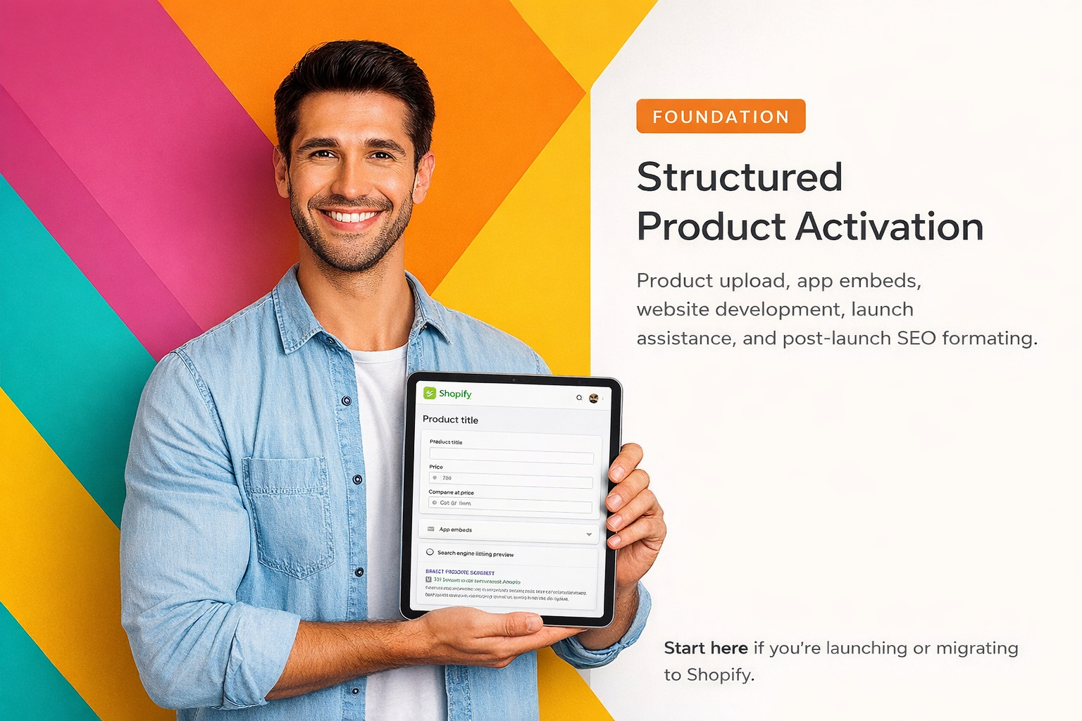 Man holding a tablet with colorful background and text about Structured Product Activation.