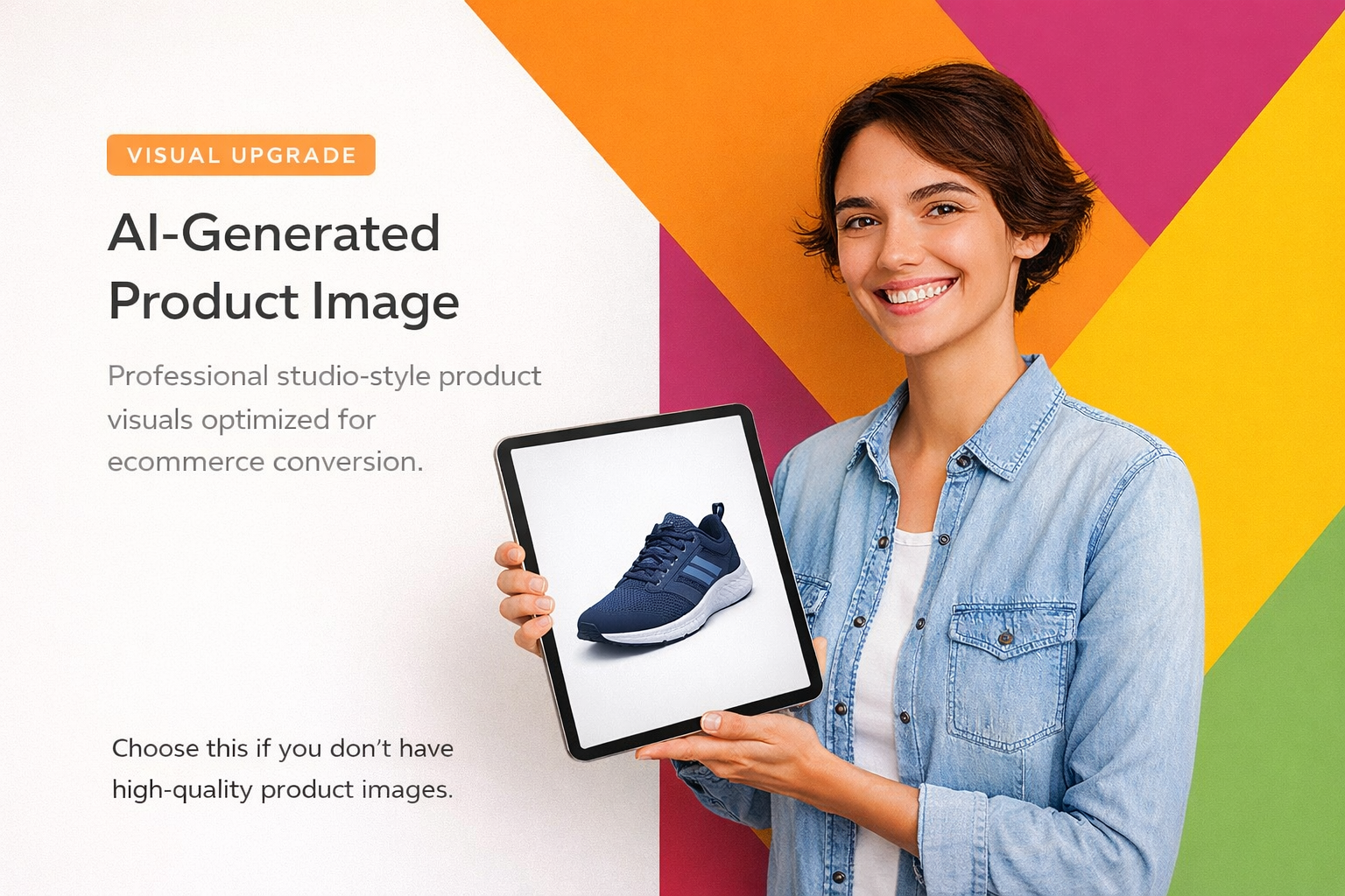 Woman holding a tablet with a blue sneaker on a colorful geometric background