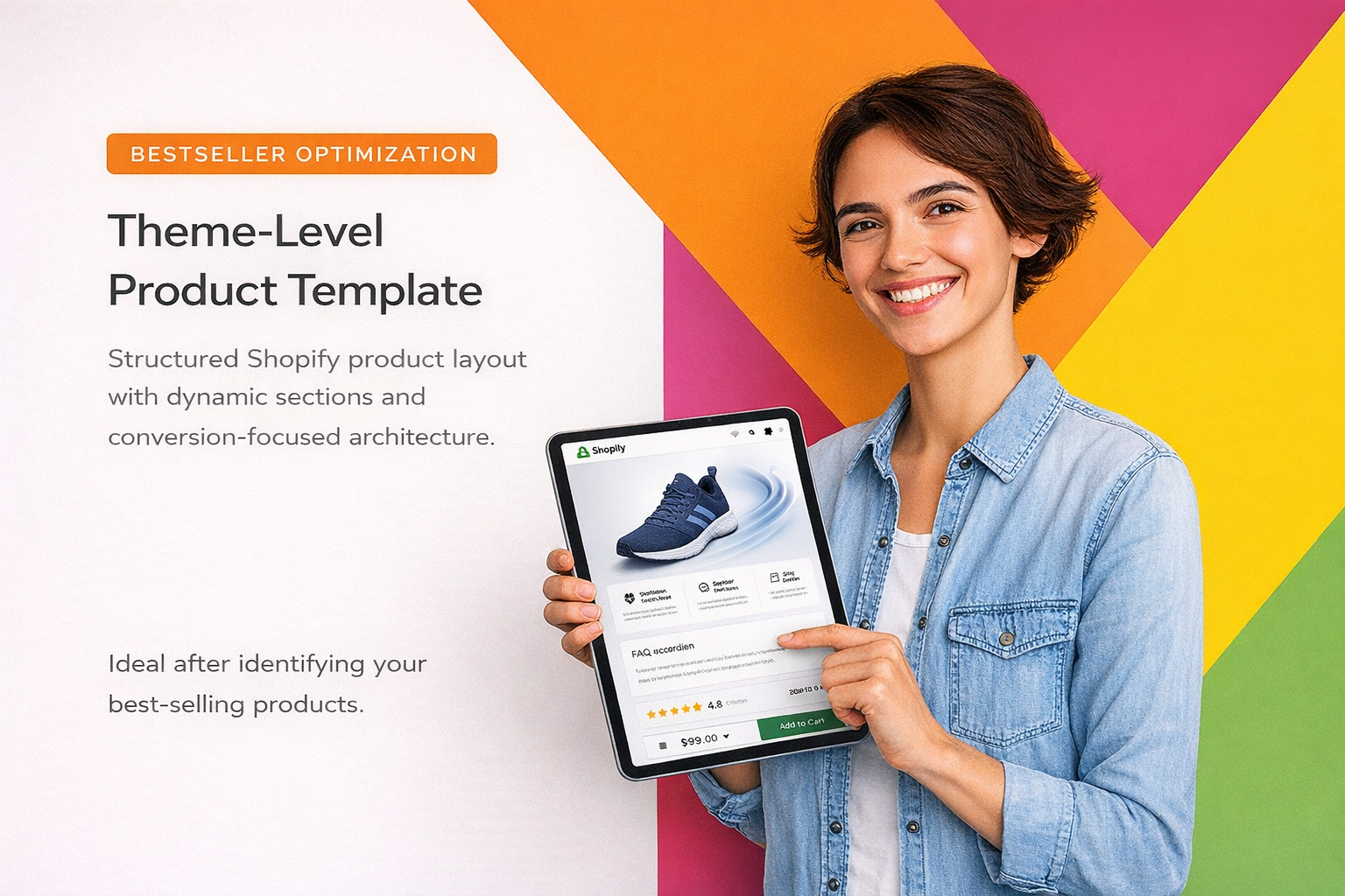 Woman holding a tablet with a product layout on a colorful background