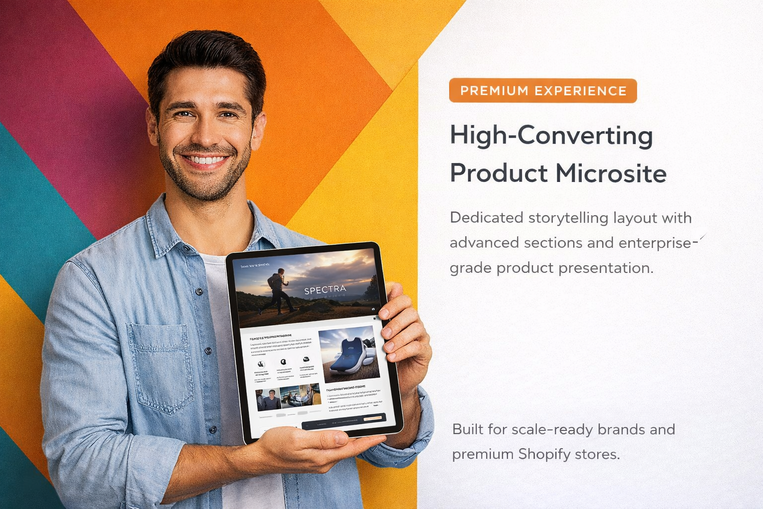 Man holding a tablet with a product microsite displayed, against a colorful geometric background.