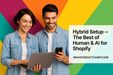 Two people using a laptop and smartphone with a colorful geometric background, promoting a hybrid setup for Shopify.