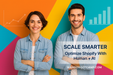 Two people standing against a colorful geometric background with text about optimizing Shopify with human and AI.