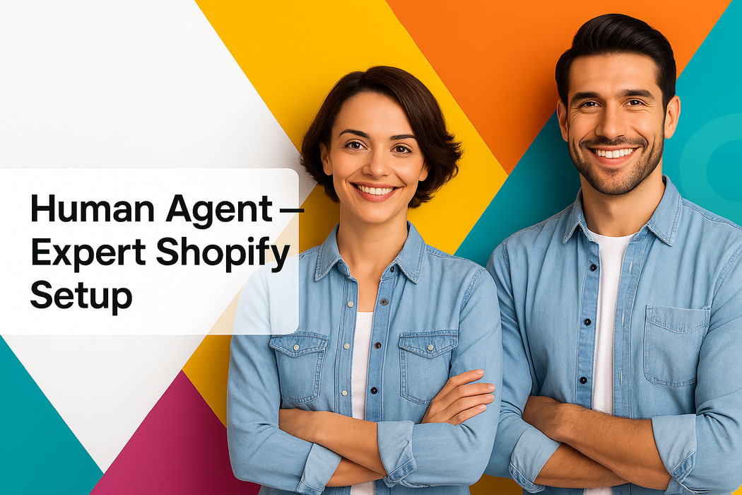 Two people standing against a colorful geometric background with text about Expert Shopify Setup.