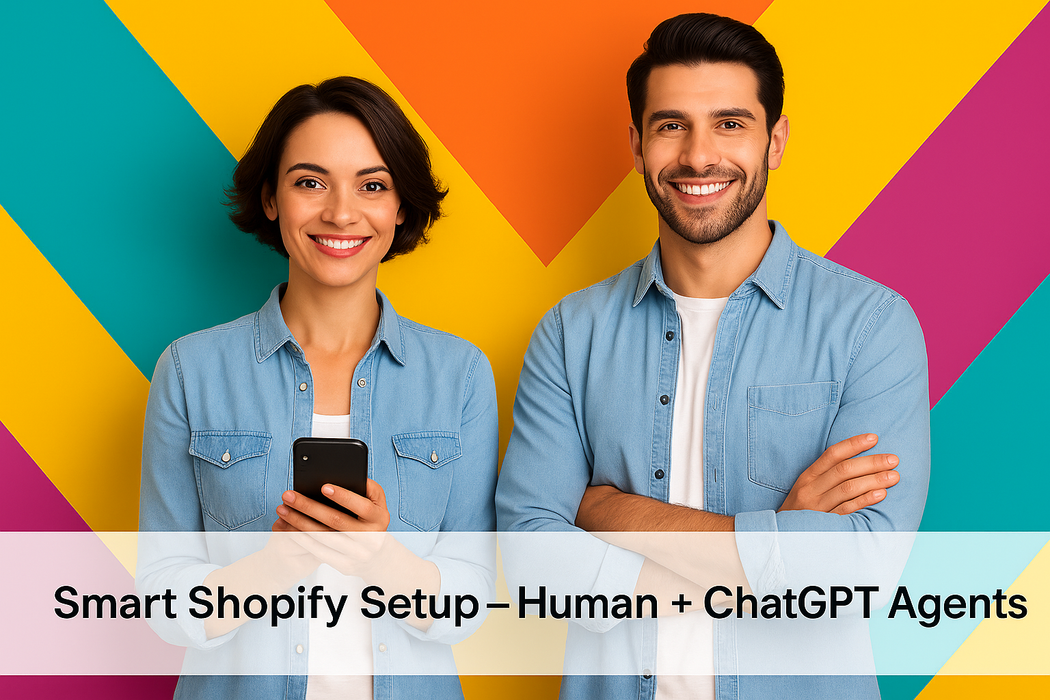 Two people standing against a colorful geometric background with text about Smart Shopify Setup.
