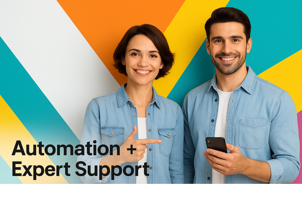 Two people standing against a colorful geometric background with text about automation and expert support.