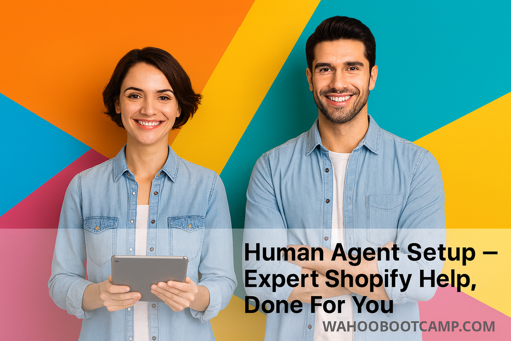 Two people standing against a colorful geometric background with text about Human Agent Setup and Expert Shopify Help.