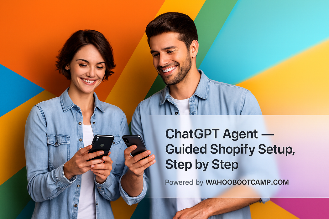 Two people using smartphones with a colorful background and text about ChatGPT Agent and Shopify setup.