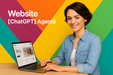 Woman using a laptop with a colorful geometric background and text about ChatGPT agents.