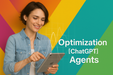 Woman using a tablet with colorful background and text 'Optimization [ChatGPT] Agents'.