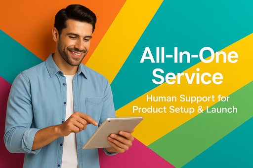Man using a tablet with colorful background and text about human support for product setup and launch.