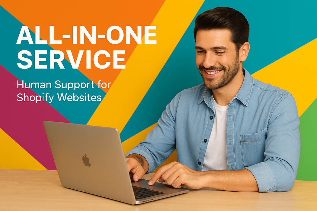 Man using a laptop with colorful background and text about Shopify website support