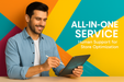 Man using a tablet with colorful geometric background and text about store optimization service