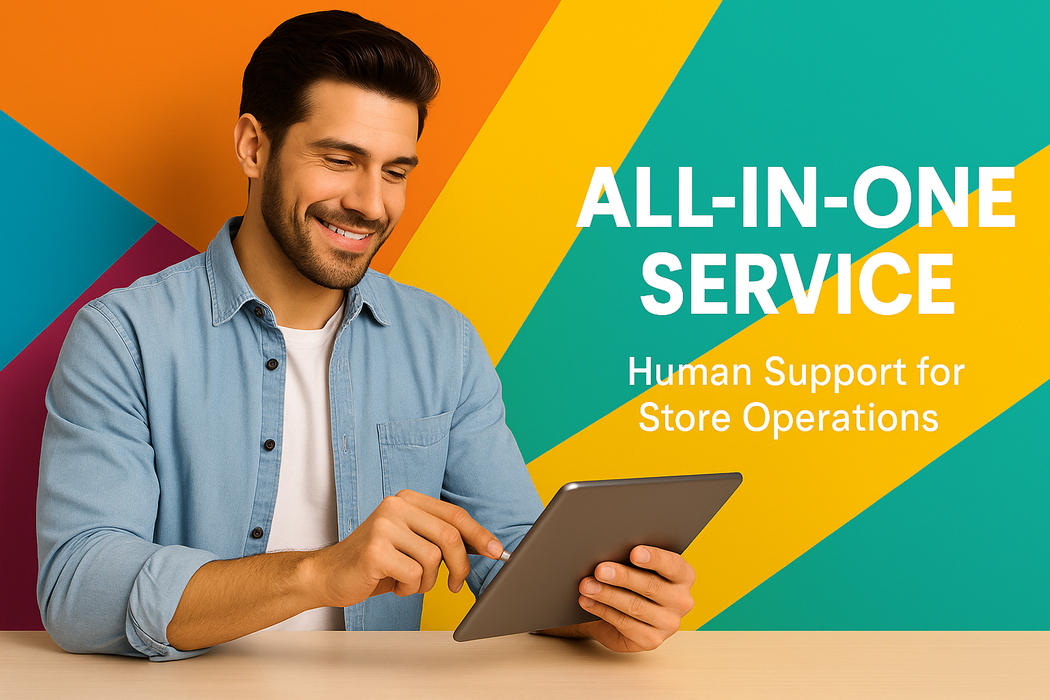 Man using a tablet with colorful background and text about human support for store operations.
