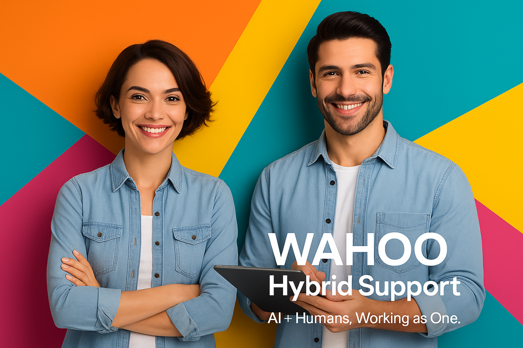 Two people holding a tablet with 'WAHOO Hybrid Support' text on a colorful background