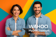 Two people holding a tablet with 'WAHOO Hybrid Support' text on a colorful background