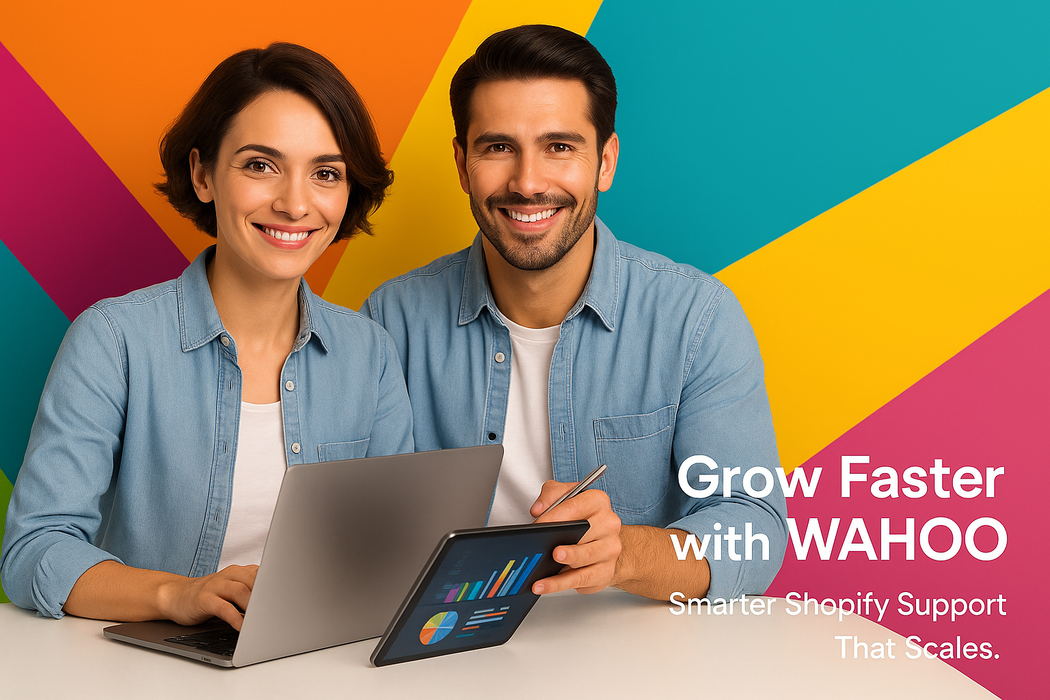 Two people using a laptop and tablet with colorful geometric background, promoting WAHOO services.