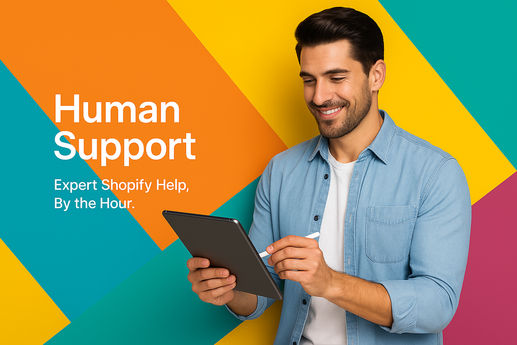 Man holding a tablet with 'Human Support' text on a colorful background