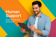 Man holding a tablet with 'Human Support' text on a colorful background