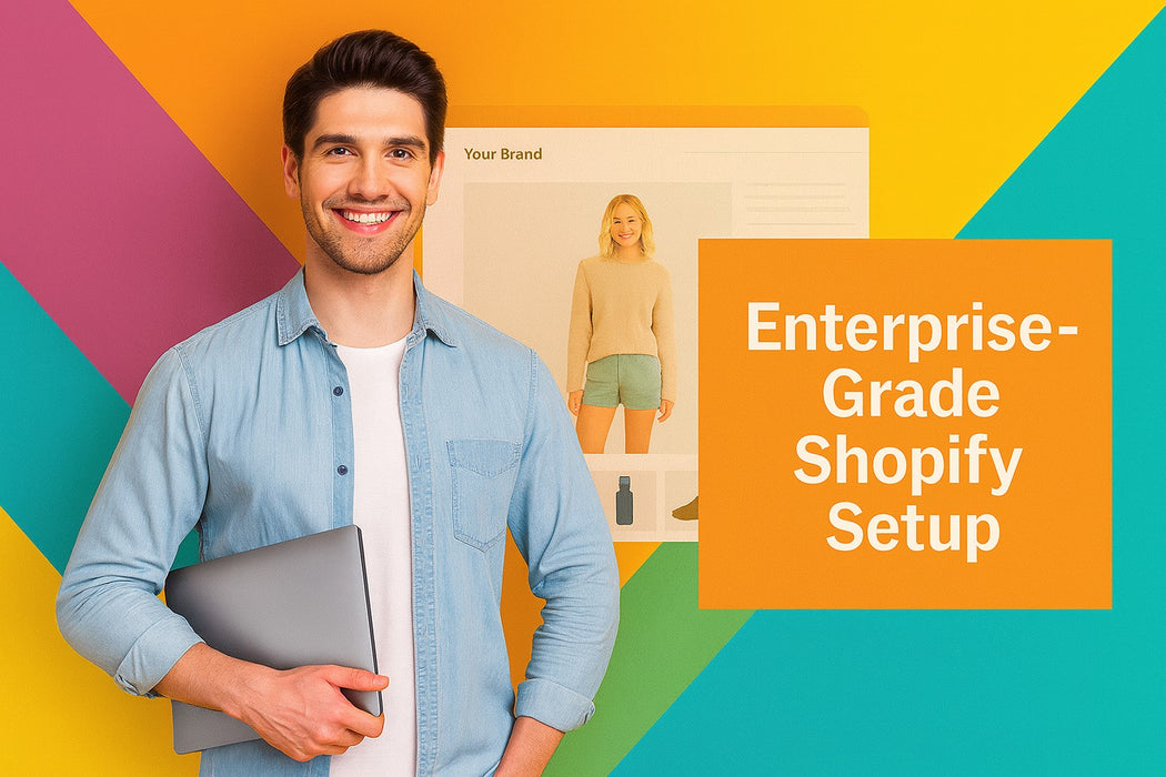 Male model in denim shirt holding laptop with Shopify storefront mockup in background, text reads “Enterprise-Grade Shopify Setup” on colorful background.