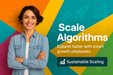 Woman in denim shirt with 'Scale Algorithms' text on a colorful background