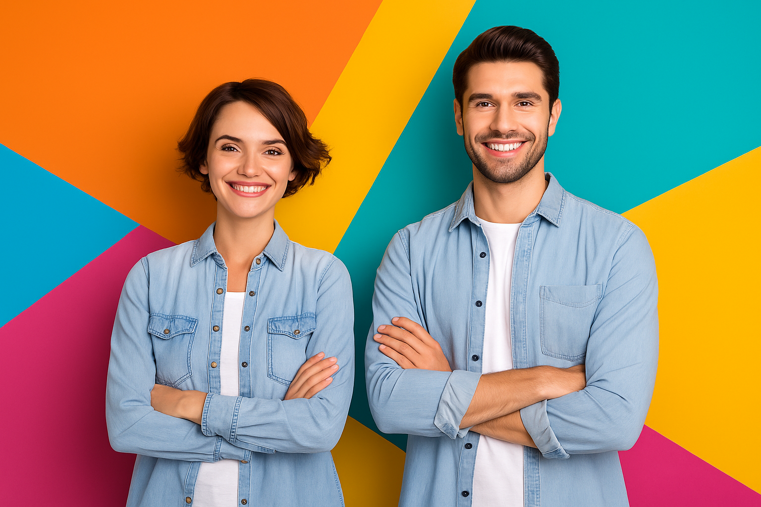 Two people standing against a colorful geometric background
